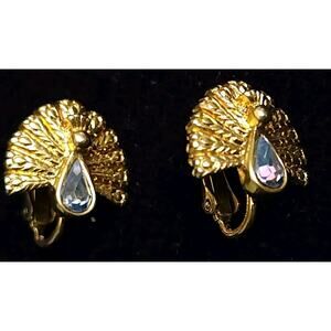 Avon Vintage Peacock w/ Rainbow Crystal Clip-on Earrings